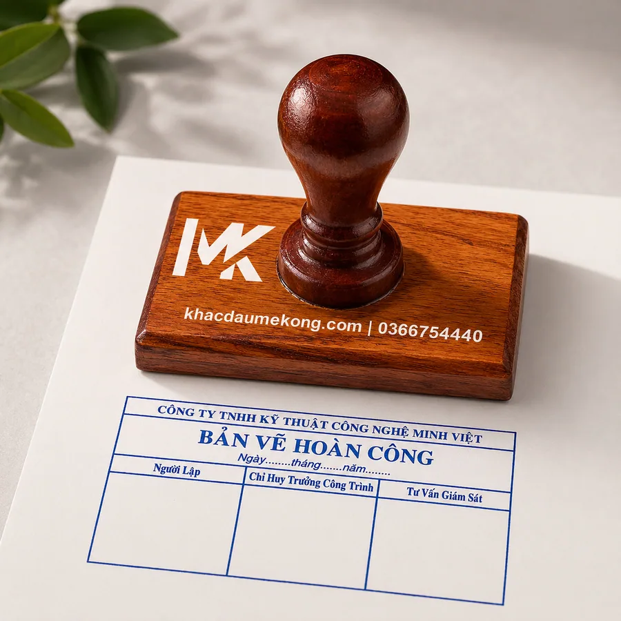 Dấu hoàn công cán gỗ chấm mực minh họa loại khuôn lớn có cấu tạo và chi phí khác dấu liền mực nhỏ