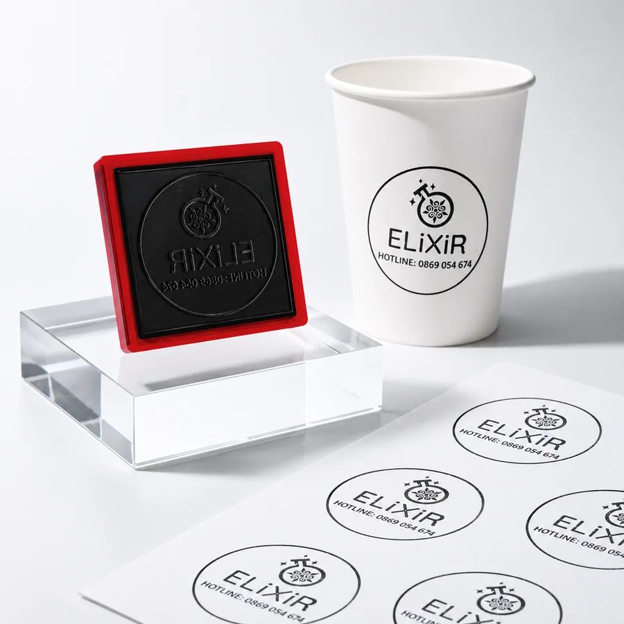 Mẫu dấu logo dùng trên ly và bao bì minh họa nhóm sản phẩm cần chọn mực theo bề mặt