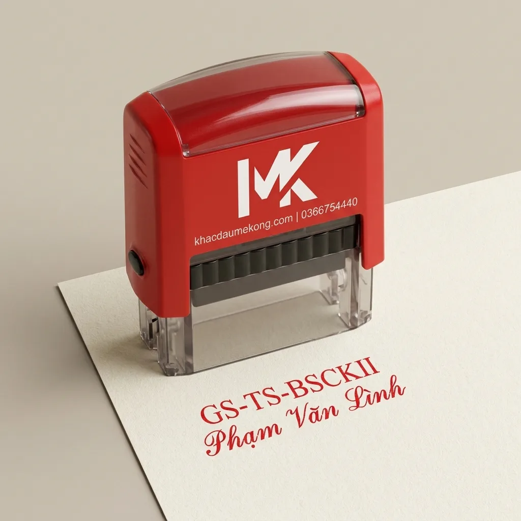 Dấu chức danh branded Khắc Dấu Mekong – Logo MK trên thân dấu đỏ